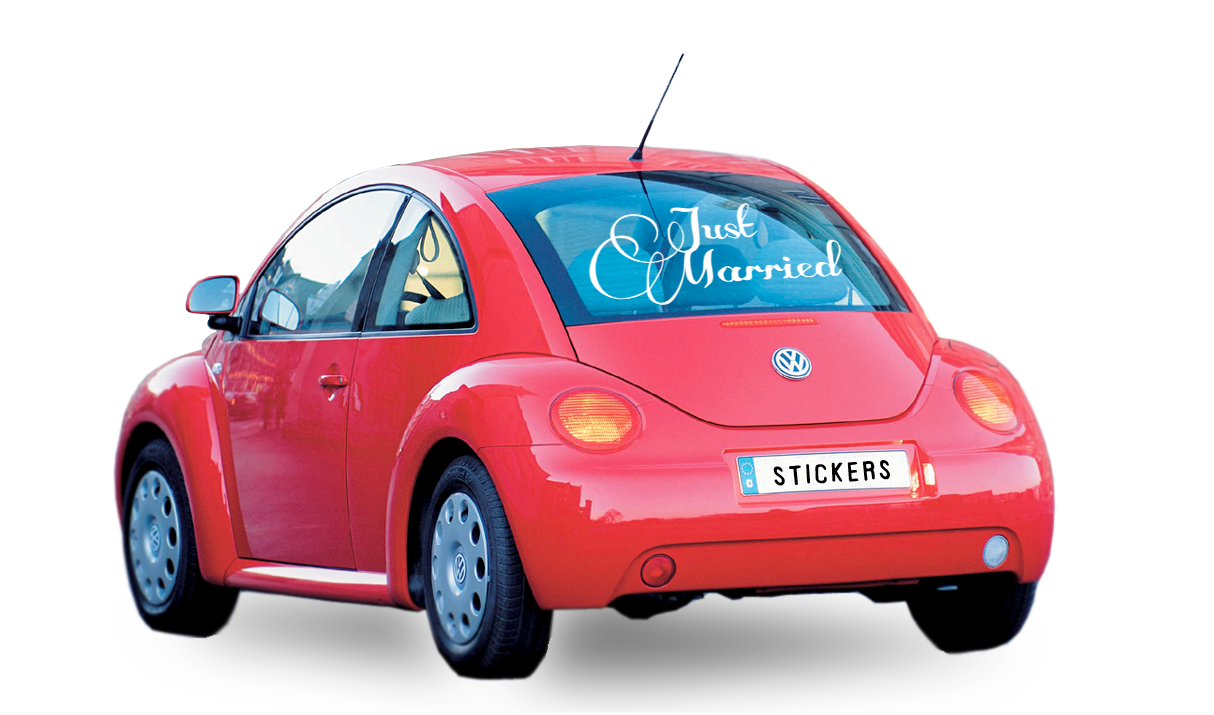 Decoration voiture pour mariage avec un stickers autocollant Just-Married  personnalisé